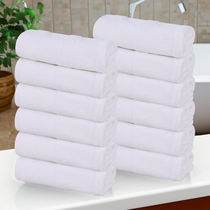 Superior Roma Cotton Ribbed Absorbent Face Towel Washcloth Set of 12 - White