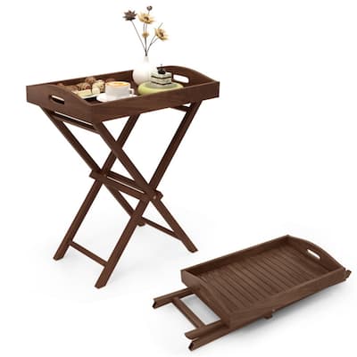 Teak Wood Tray Table Foldable Design with X-Shaped Frame for Living Room or Patio Use - 24" x 16" x 28"