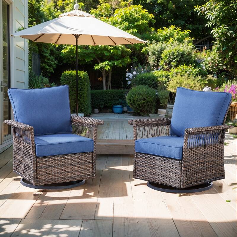 Pocassy Outdoor Swivel Chairs with Sofa Chair Ottoman and Table Set - Brown Wicker Blue Cushion - 2-Piece Swivel Chair
