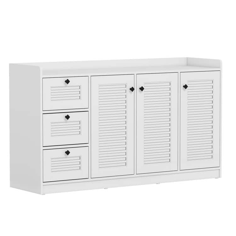 White Engineered Wood MDF Buffet Cabinet with Drawers, Shutter Doors and Storage - 63" x 16.5" x 36"