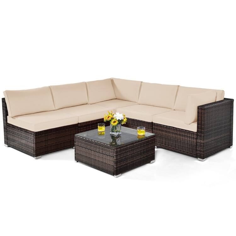 6 Pieces Patio Rattan Furniture Set with Cushions and Glass Coffee Table