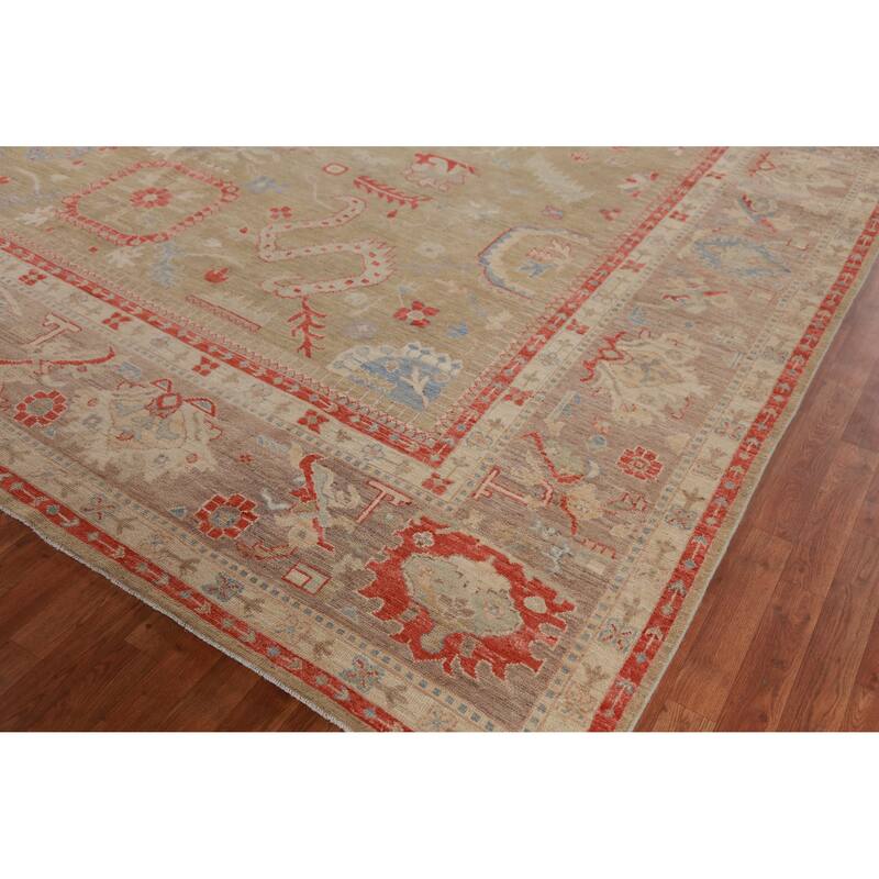 Hand Knotted Oriental 100% Wool Carpet Transitional All-Over Green Oushak Area Rug - 14' 10'' X 9' 11''