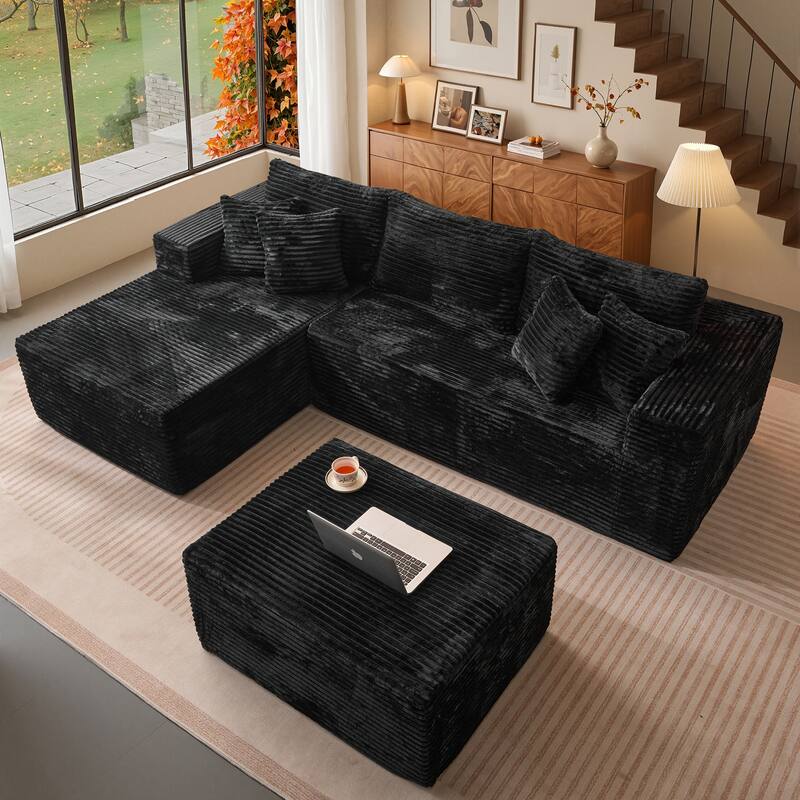 OVIOS All-Foam Cloud L-Shaped Lounger Sofa​ ​​With Ottoman​ - LeftChaise-Black