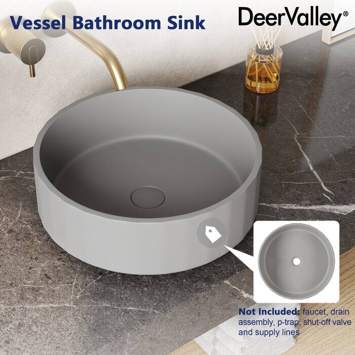 DeerValley 17" Bathroom Vessel Sink, Concrete Light Gray Vessel Sink, Round Above Counter Bathroom Sink