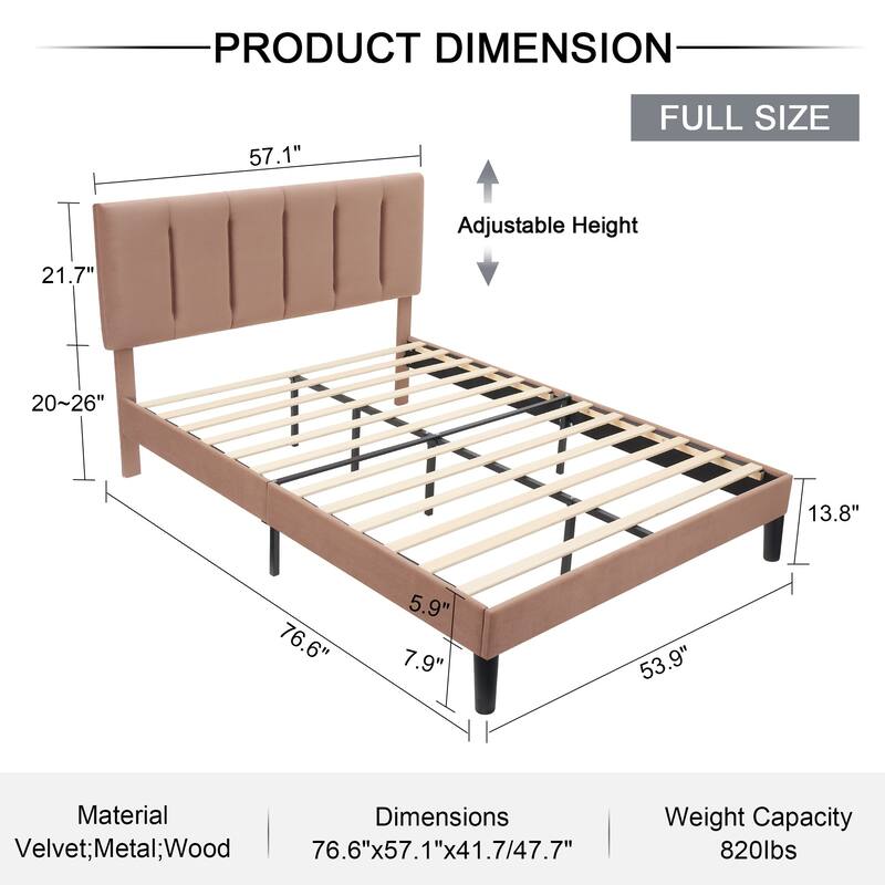 Javlergo Velvet Upholstered Platform Bed Frame with Adjustable Headboard