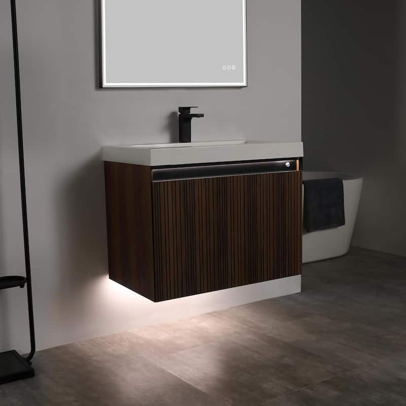 Blossom Lille Brown Walnut Floating Vanity with LED & Acrylic Sink