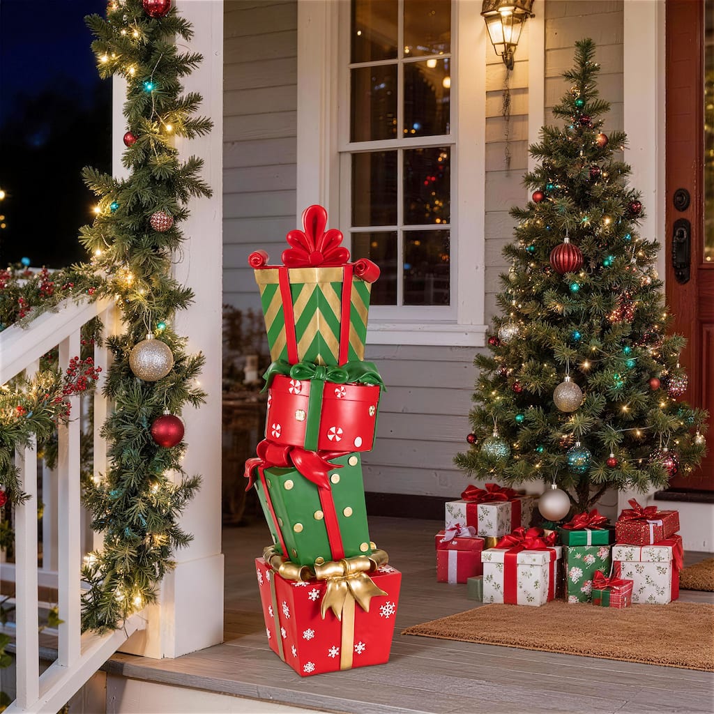 Glitzhome 30.25"H Christmas Polyresin Stacked Gift Boxes Porch Decor - 24"H