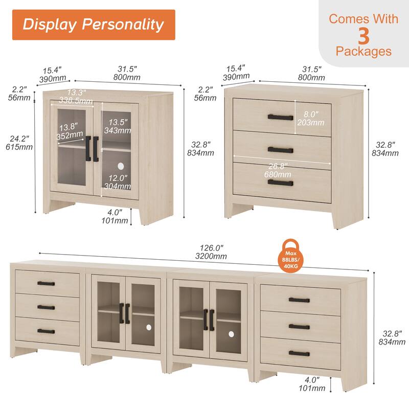WAMPAT Farmhouse Buffet Cabinet with Glass Doors and Drawers, 4-Piece Modular Sideboard