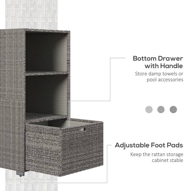 Pool Towel Rack Plastic Rattan Storage Organizer Waterproof Storage Organizer with 2 Shelves and Basket Drawer for Spa Pool