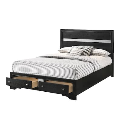 Queen Size Wood Platform Bed with Storage Drawers and Shimmering Silver Accents