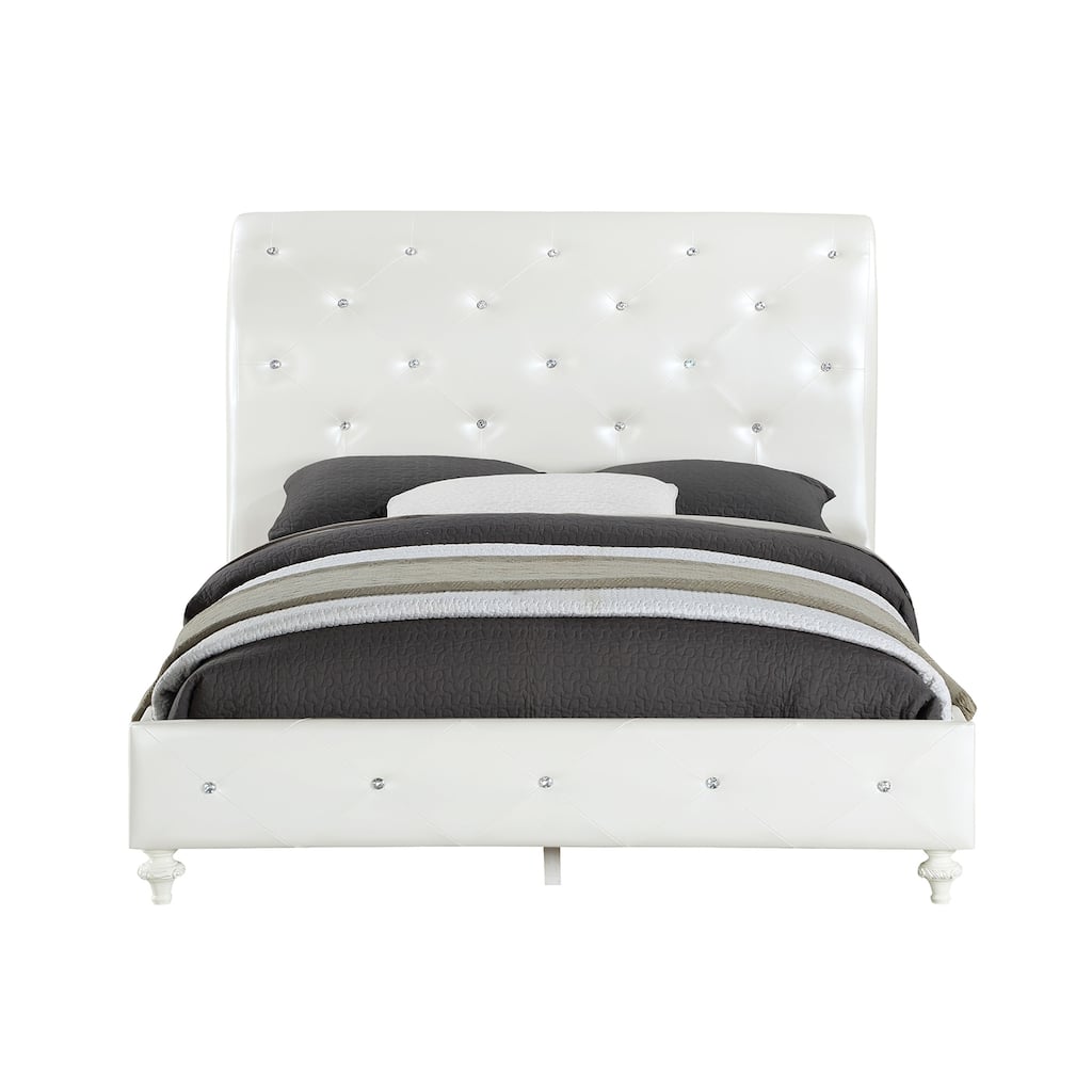 Faux Leather Upholstered Full Bed with Button Tufted in Pearl White