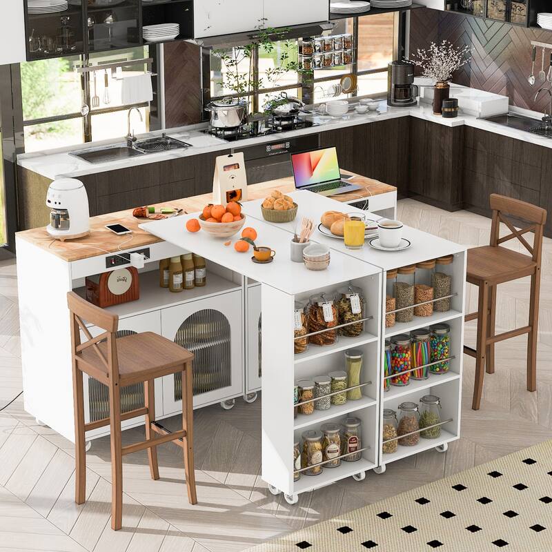 Rolling Kitchen Island with Extended Table, Power Outlets, Kitchen Island with Storage Cabinet and Open Shelves