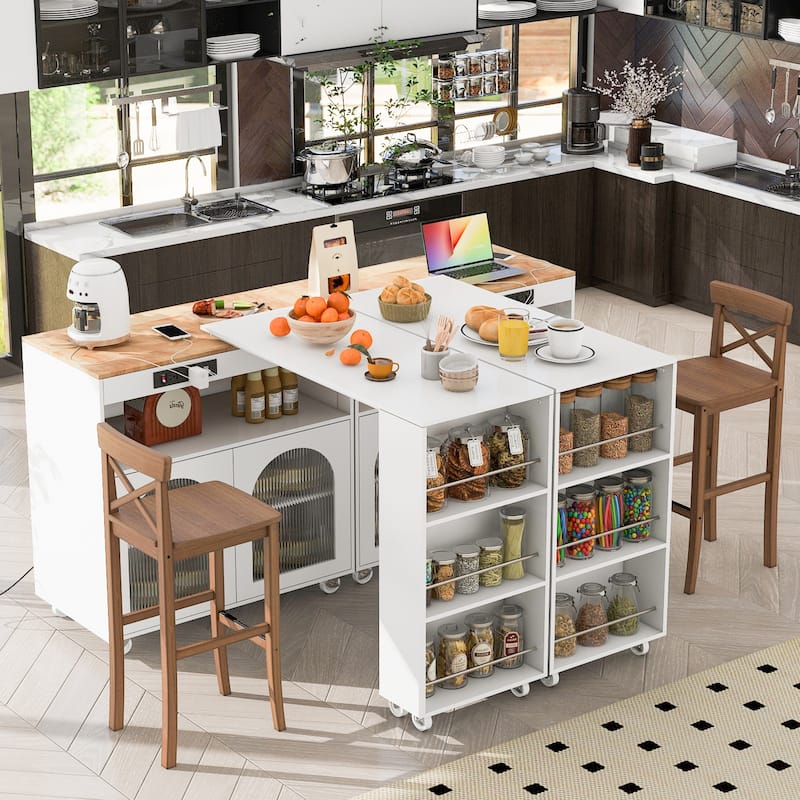 Wooden Kitchen Island with Rollers Storage Cabinet, Side Open Shelves, LED Lights, Power Outlets and 2 Fluted Glass Doors - White