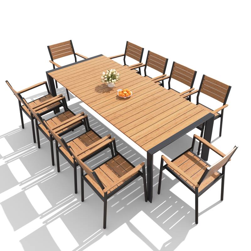 7/9/11-Piece Set Outdoor Aluminum Dining Table with Umbrella Hole and Stackable Dining Chairs