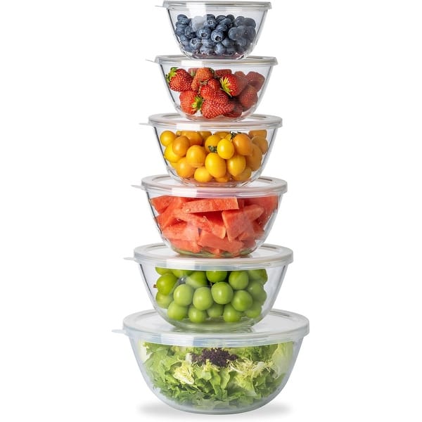 COOK WITH COLOR 12 Pc Glass Nesting Mixing Bowl Set with Lids for Cooking and Prep - Gold Rim