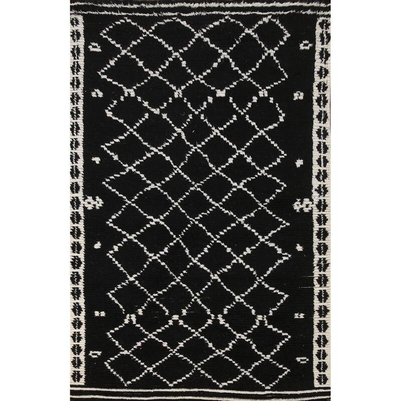 Black Plush Moroccan Indian Area Rug Hand-Knotted Wool Carpet - 5'2"x 8'1"