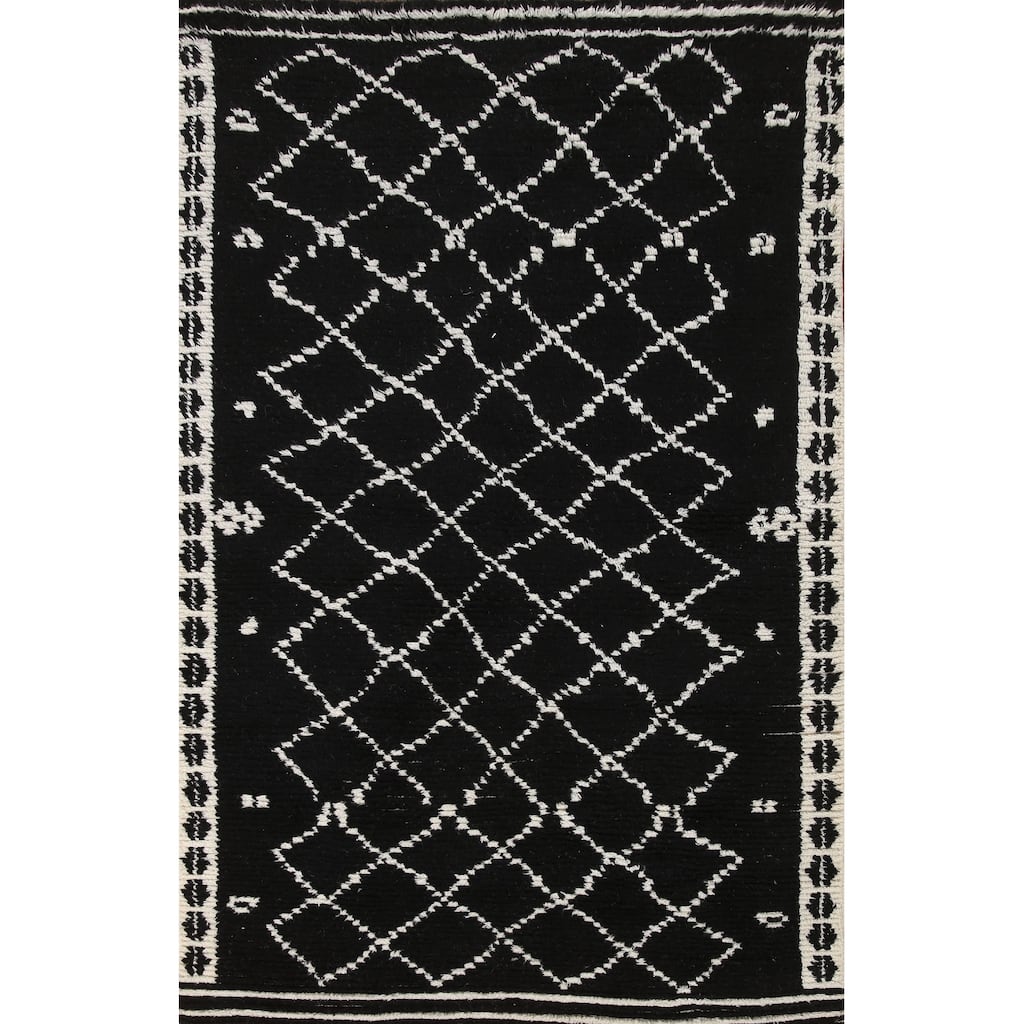 Black Plush Moroccan Indian Area Rug Hand-Knotted Wool Carpet - 5'2"x 8'1"