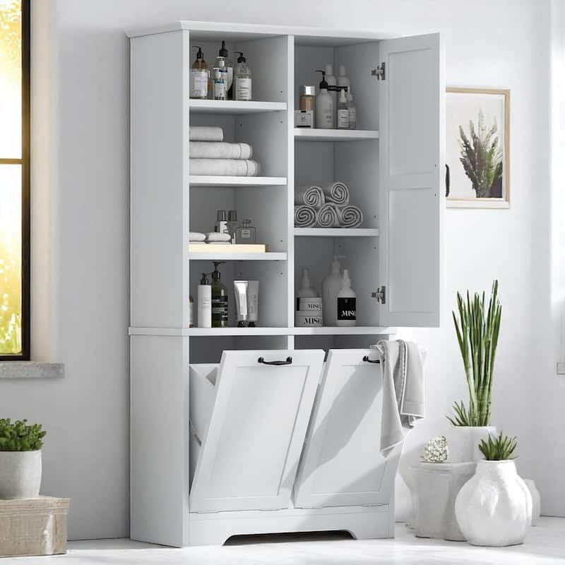 Bathroom Storage Cabinet with Tilt-Out Laundry Hampers, Adjustable Shelves & Door, Freestanding MDF Organizer