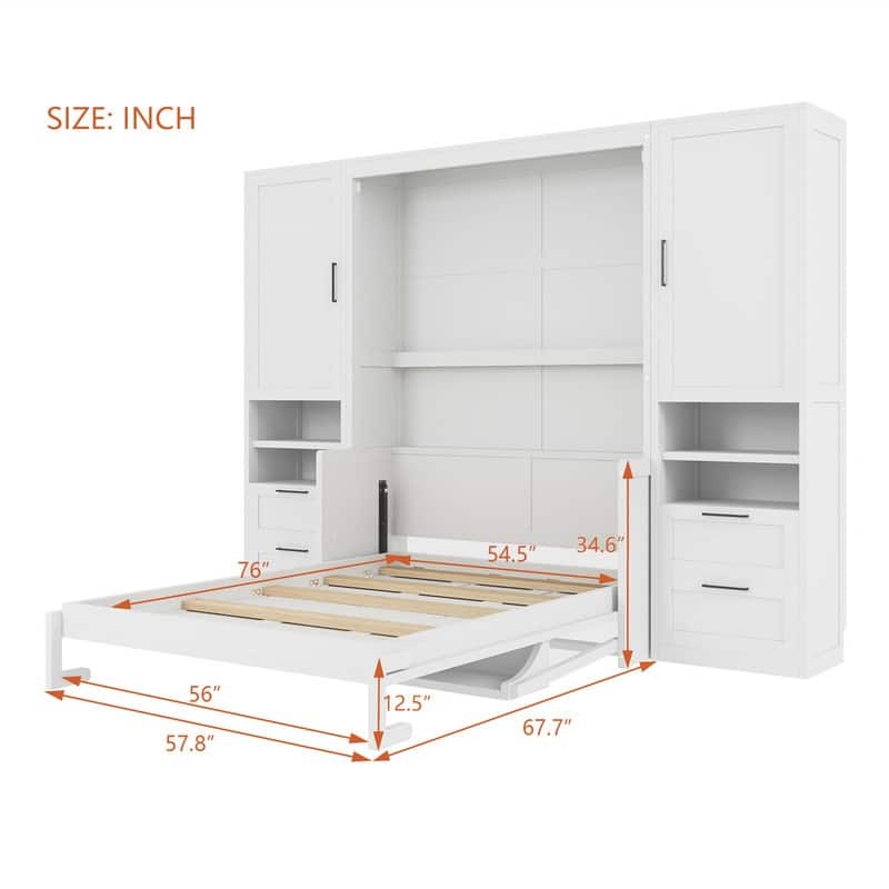 Full Size Murphy Bed Wall Bed with 2 Wardrobes and 4 Storage Drawers, Foldable Space Saving Murphy Cabinet Bed with Open Shelves