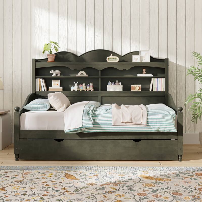Twin Daybed with Storage Drawers and Headboard Shelving Wooden Frame - Antique Grey - Twin