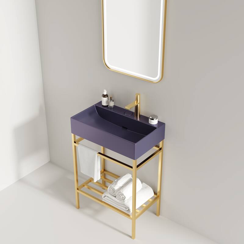 GDFStudio - Lofi Modern 24" Bathroom Vanity with Glossy Rectangular Ceramic Basin & Open Metal Storage Shelf, WITHOUT Faucet - Gold
