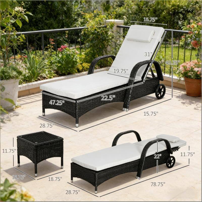 GDFStudio - Outdoor PE Rattan Chaise Lounge Set with Table and Reclining Seats