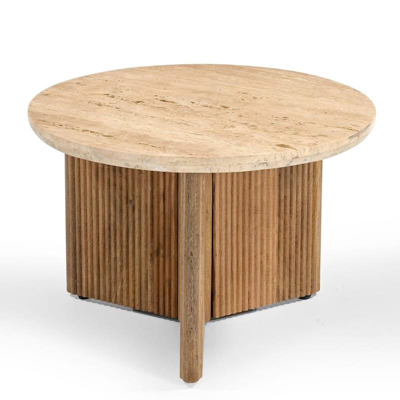 Modrest Nimbus Modern Travertine Marble & Wood Round End Table