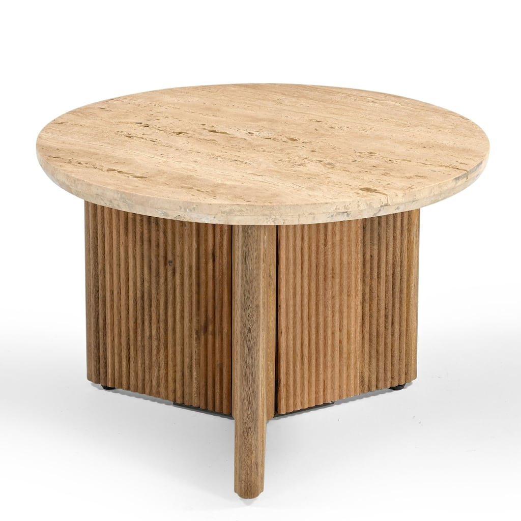 Modrest Nimbus Modern Travertine Marble & Wood Round End Table