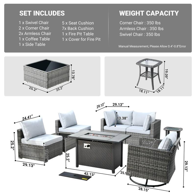 HOOOWOOO 8-piece Rattan Wicker Patio Furniture Set with Fire Pit