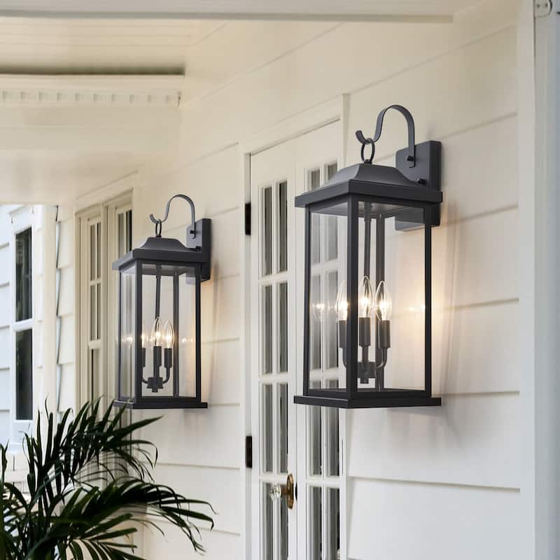C Cattleya 22inch Large Matte Black Outdoor Wall Lanterns With Clear Tempered Glass