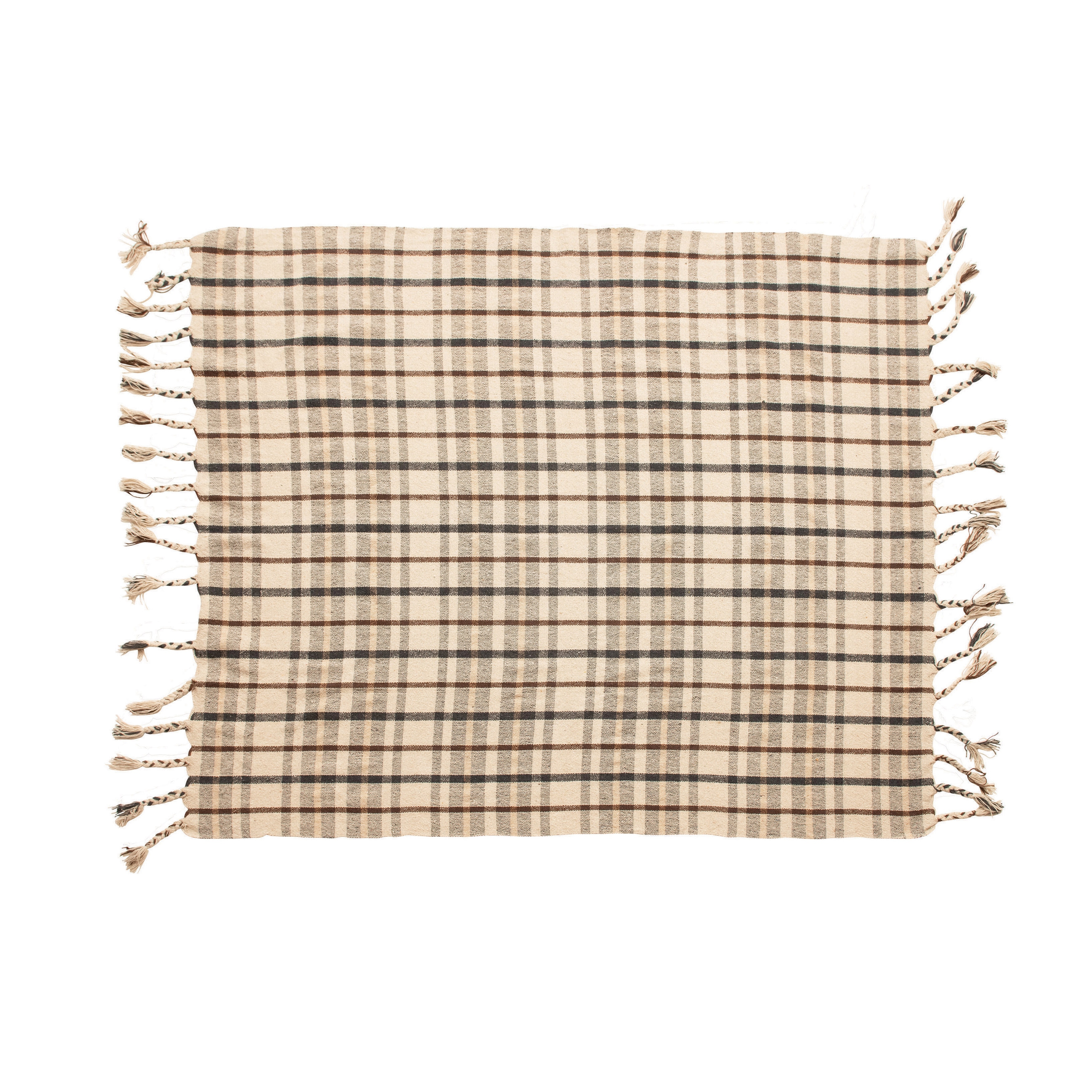 Woven Recycled Cotton Blend Plaid Throw with Tassels, Charcoal Color & Brown