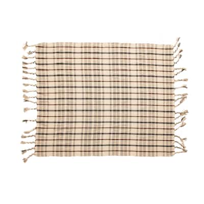 Woven Recycled Cotton Blend Plaid Throw with Tassels, Charcoal Color & Brown
