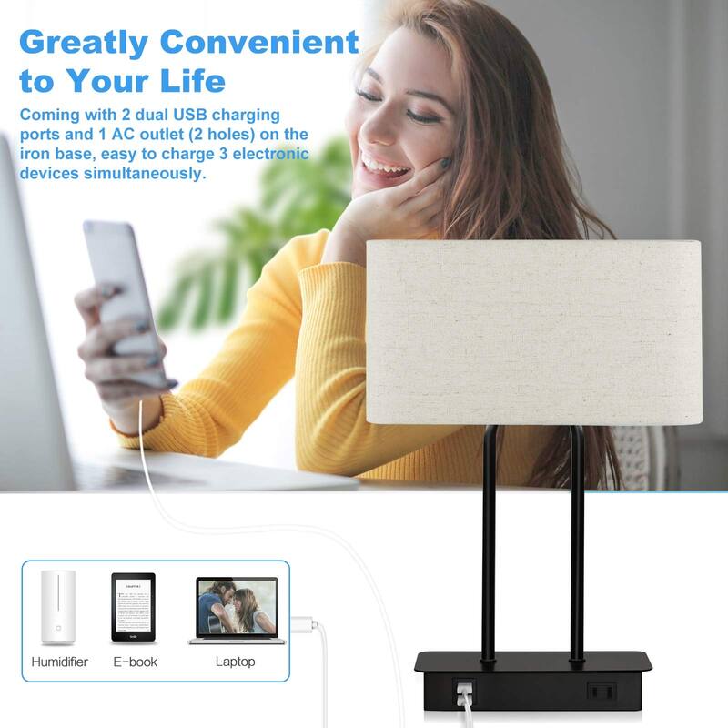 Bedside Touch Control Table Lamp with Dual USB Charging Ports 1 AC Outlet, 3 Way Dimmable Modern Nightstand Lamp