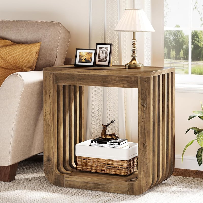 Side Table with Slatted Open Frame, Farmhouse Wooden End Table, Rustic Accent Sofa Side Table, Small Nightstand