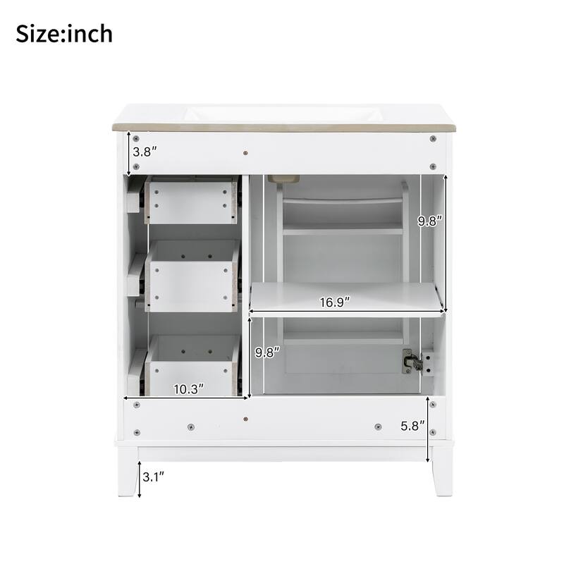 30" Modern Bathroom Vanity with Ceramic Sink - Rubberwood Frame, MDF Panels, 1 Door & 3 Drawers, Double Storage Racks