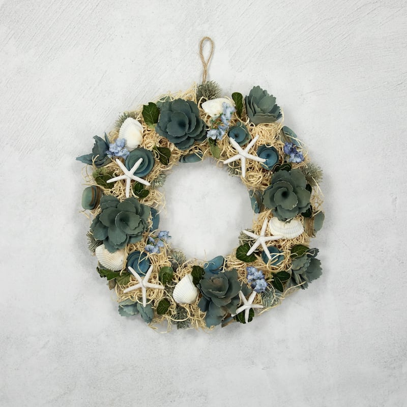 Floral Starfish and Seashells Artificial Wreath - 12"