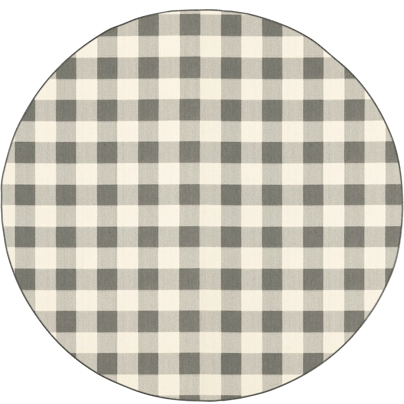 Style Haven Gingham Check Indoor/Outdoor Area Rug.. - 7'10" Round - Grey