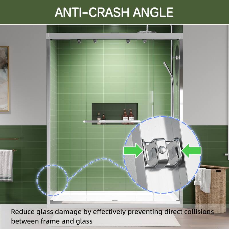 Modern 60 Inch Double Sliding Shower Door, ANSI Certified Glass, Adjustable Width, Stainless Steel Rollers