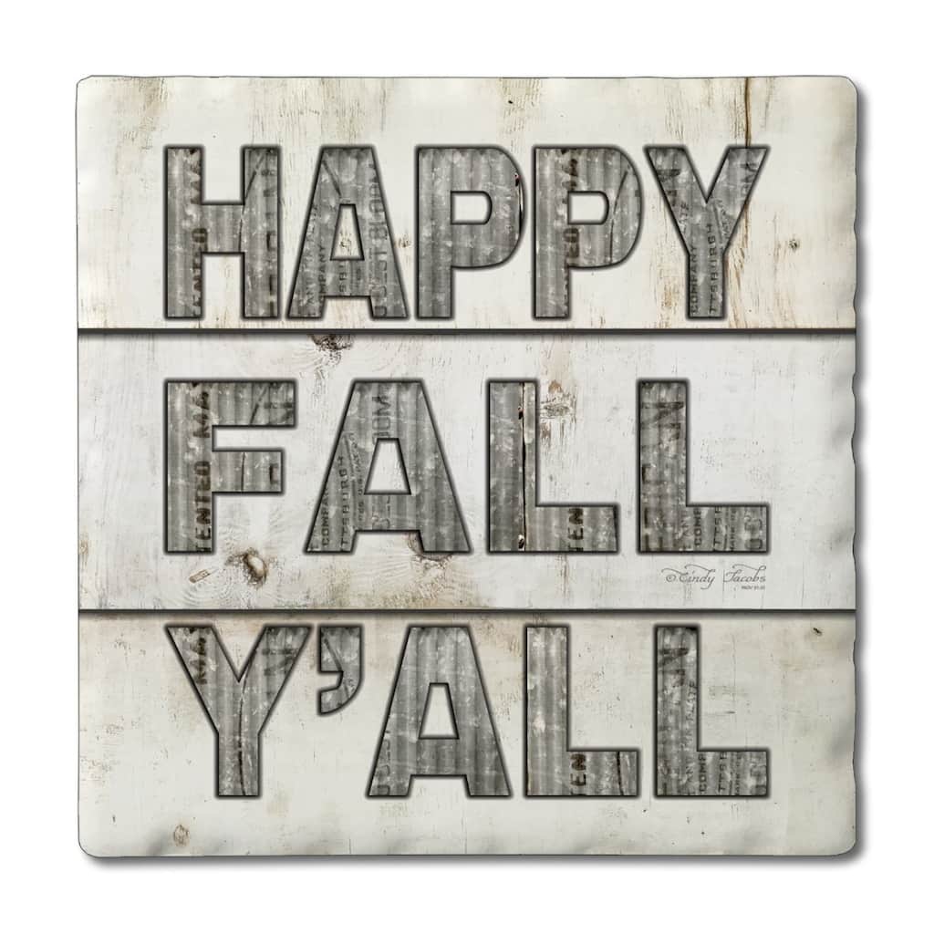 Happy Fall Y'all 4-Pack Absorbent Stone Coasters with Protective Cork Backing 4" Square Made in The USA Easily Wipes Clean
