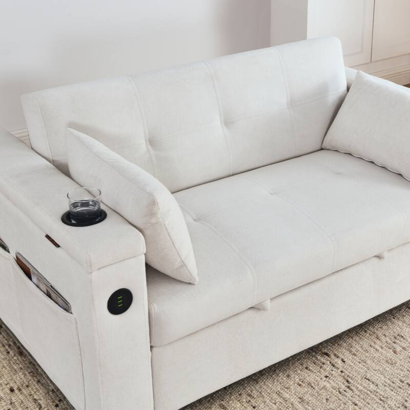54" Pull-Out Sleeper Sofa Bed Double Seat Recliner Sofa Bed with Armrests with Storage and Side Pockets,with USB Power Outlet