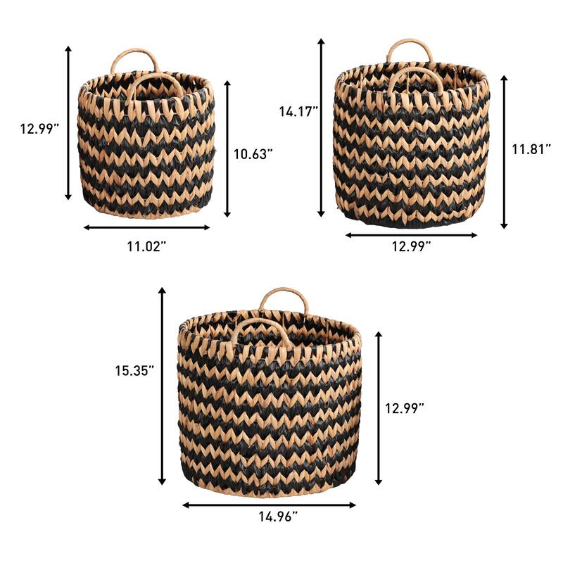 Coastal Handwoven Two-Tone Water Hyacinth Nesting Storage Baskets, Handles (Set of 3)