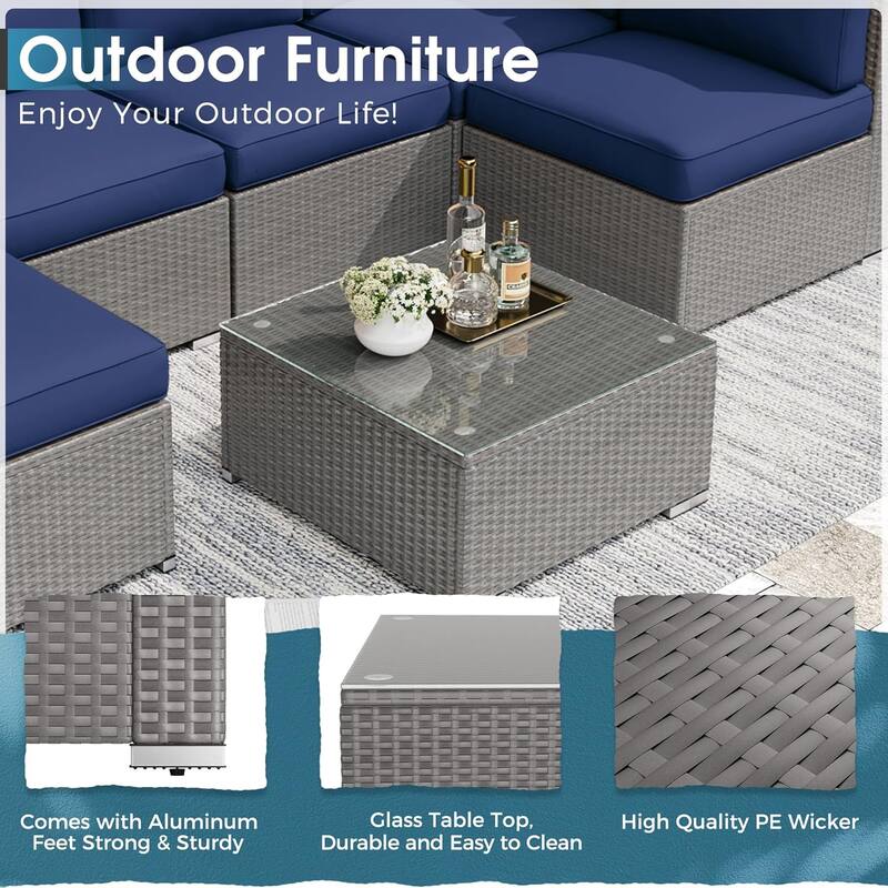 7 Piece Outdoor Patio Furniture Set Grey/Black Wicker Conversation Sectional Sofa Set with Coffee Table and Cushions