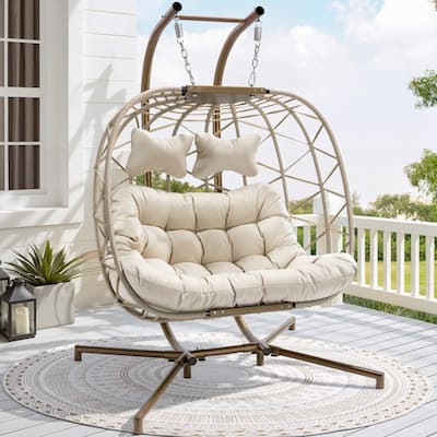 Oversized Outdoor Double Egg Hanging Chair with Cushions, 700 lbs Capacity Swing Chair for Indoor or Patio