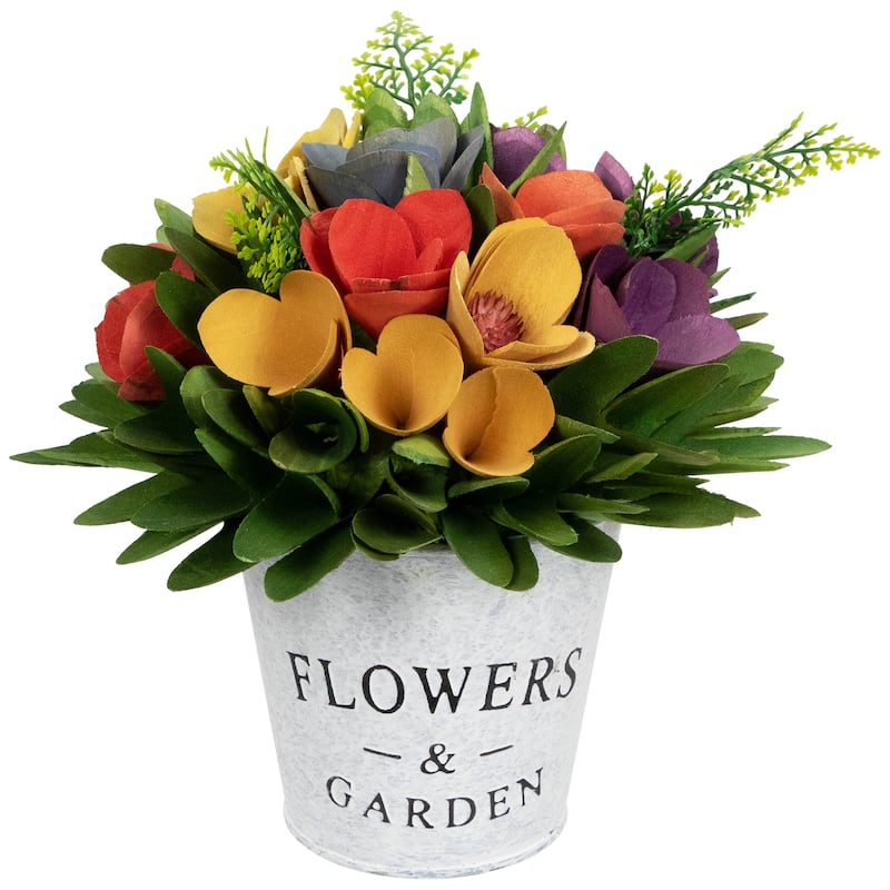 Wooden Artificial Spring Floral Arrangement "Flowers Garden" Pot 8"
