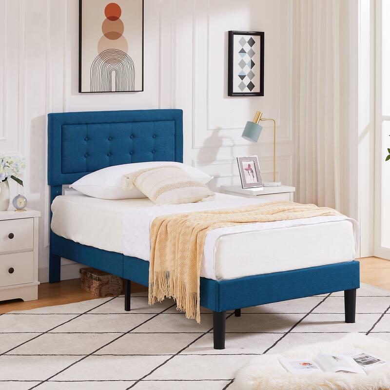 VECELO Tufted Upholstered Kids Bed with Adjustable Headboard,Twin Size Bed Set of 2