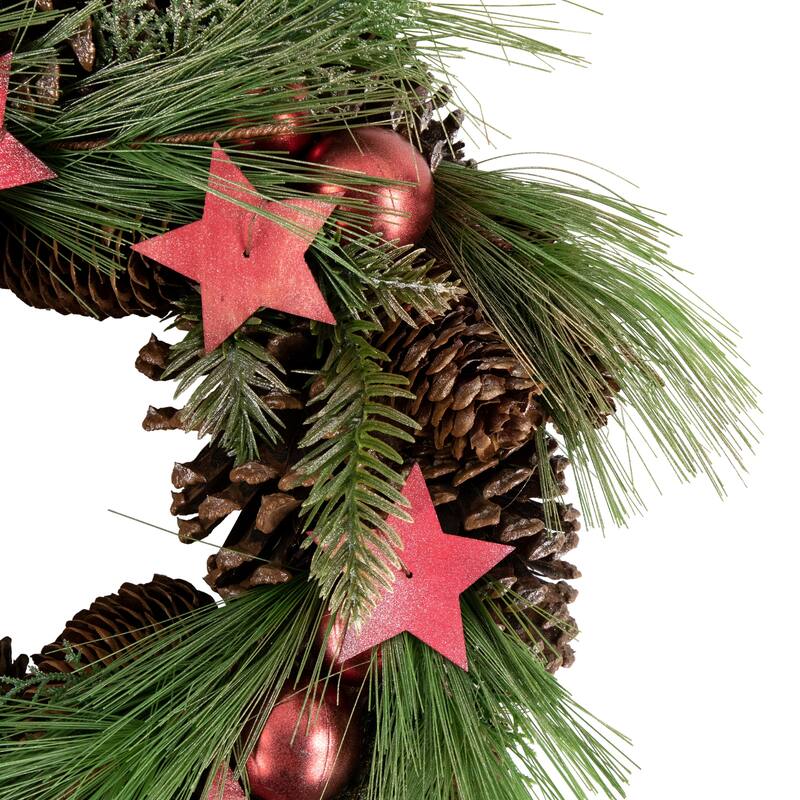 Red Green Pine Needle, Pinecone Star Christmas Wreath, 13.5", Unlit