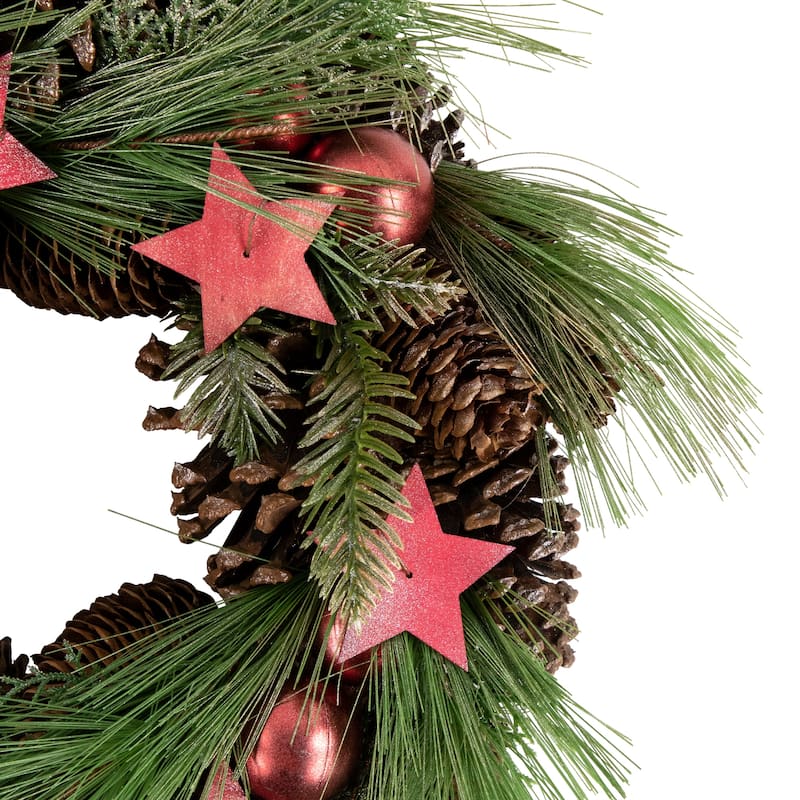 Red and Green Pine Needle Pinecone and Star Christmas Wreath 13.5-Inch Unlit - 13.5"