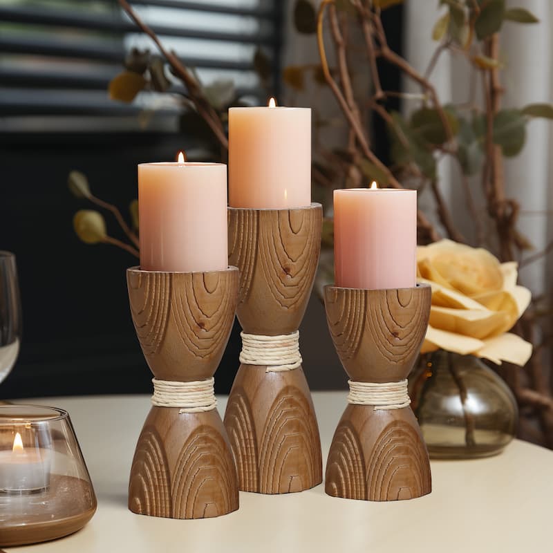 3-Piece Pine Wood with Rattan Pillar Candle Holder Set - 11" H x 4" W x 4" D