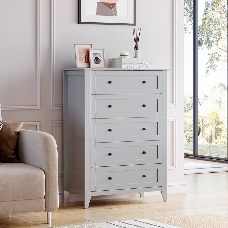 5 Drawer Dresser with Deep Drawers and Nickel Round Handle - Grey