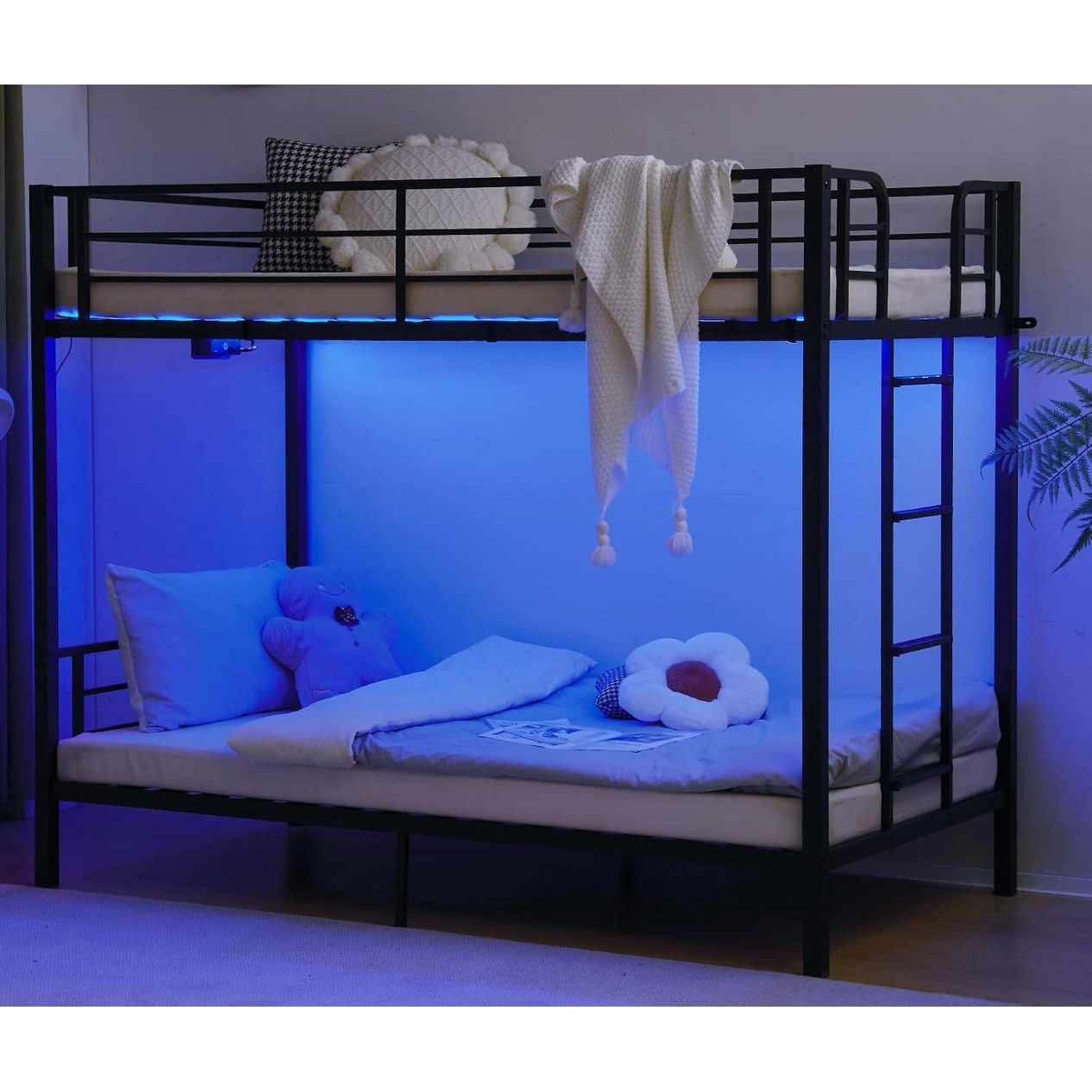 Twin Over Twin Metal Bunk Bed with LED Lights, Non-Slip Ladder, Guardrail, and Charging Station